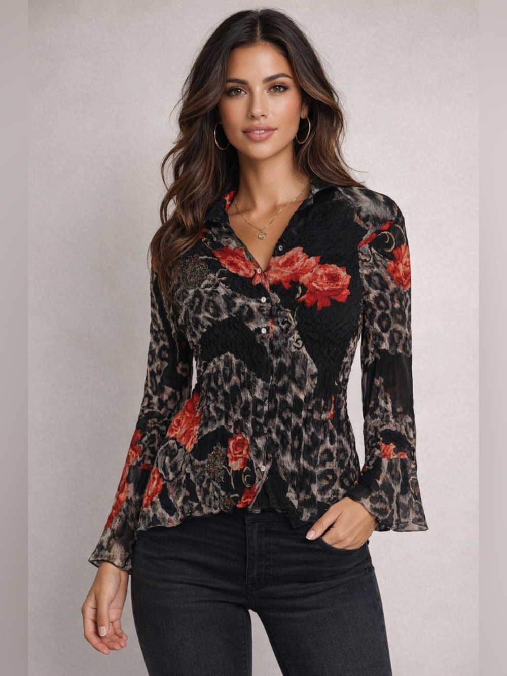 Alberto Makali Black Blouse with Red Floral Print - Picture 2 of 8